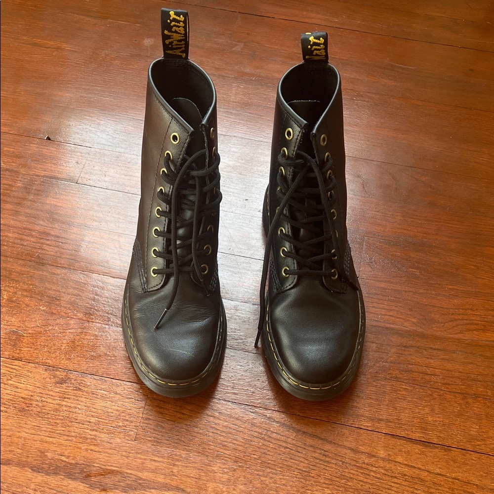 Dr. Martens Black Leather Lace-Up Ankle Boots with Yellow Stitching